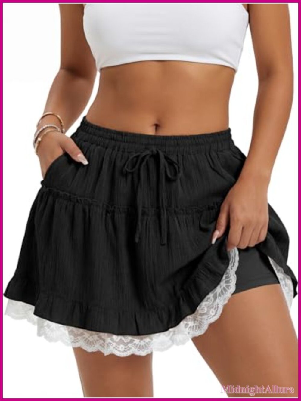 Ruffle Flowy Short Skirt Tiered Lace Mini Skort High Waist Boho Drawstring